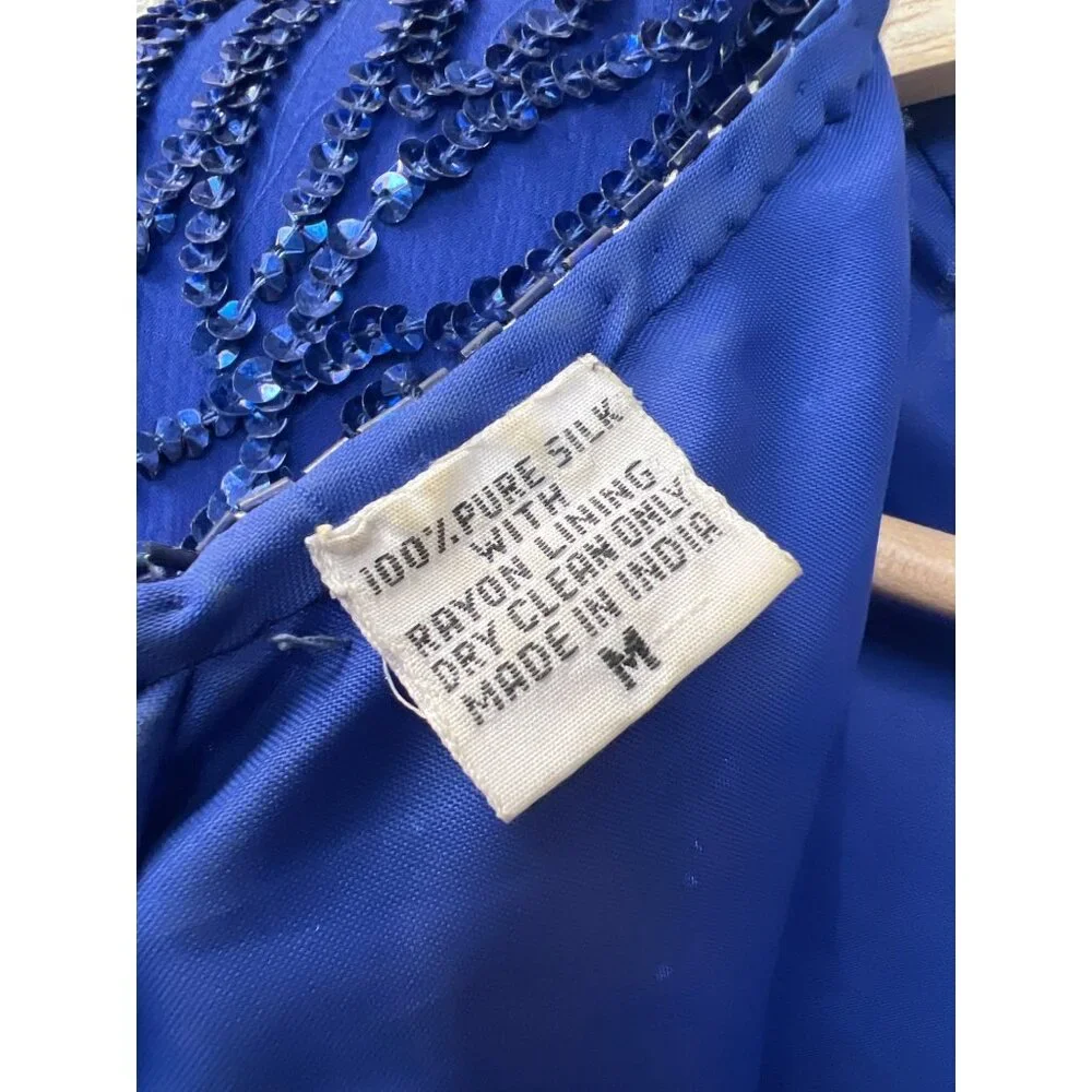 Laurence Kazar Vintage 80's Royal Blue Silk Sequin Cocktail Dress and Purse - Picture 9 of 11